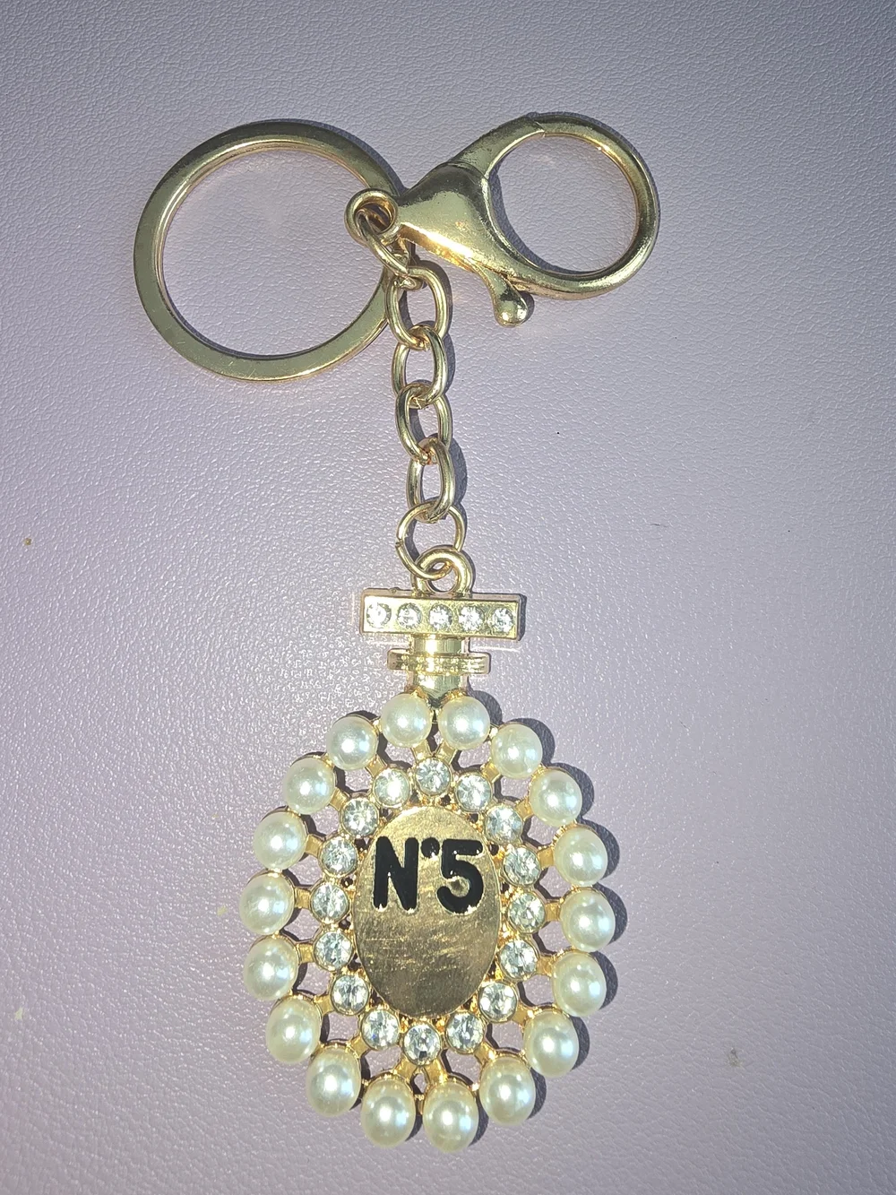 Gold Pearl & Crystal N°5 Keychain - Elegant Gold Keyring / Bag Charm, NWOT